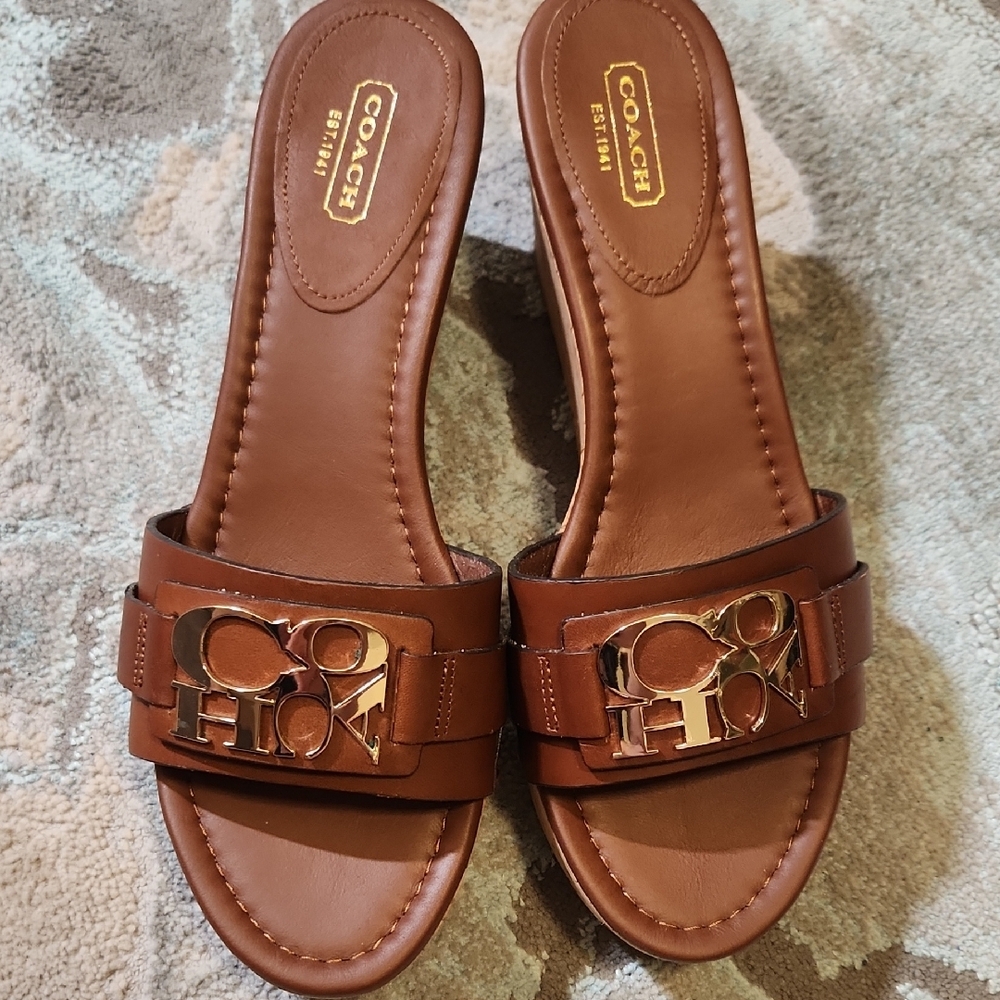 Coach Brown Leather Logo Cork Wedge Slide Sandals with Gold Hardware - Picture 8 of 10